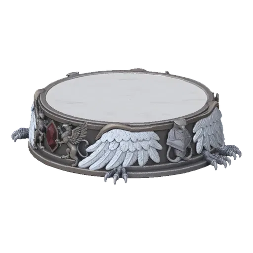 A 3D render of an ornate pedestal featuring griffins, feathered wings, and a central ruby, set against a black background.