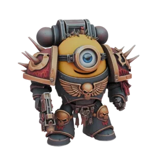3D model of a Minion character dressed in detailed Chaos Space Marine armor, featuring spikes and a single large eye.