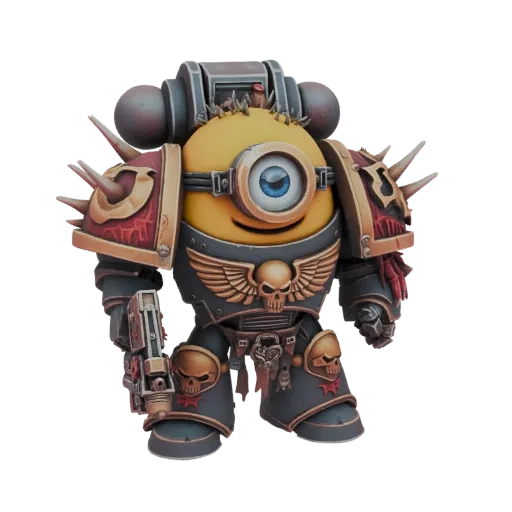 3D model of a Minion character dressed in detailed Chaos Space Marine armor, featuring spikes and a single large eye.