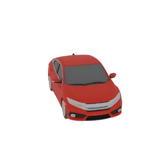 A 3D render of a red mid-size urban family sedan, viewed from a slightly elevated front-right angle against a white backgroun