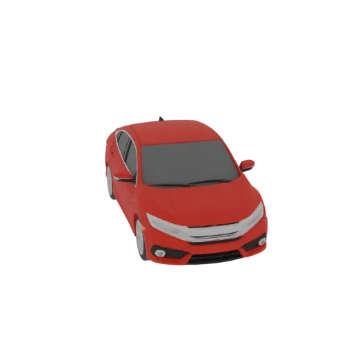 Ein 3D-Render einer roten mittelgroßen urbanen Familienlimousine, von leicht erhöhter Front-Rechts-Ansicht vor weißem Hinterg