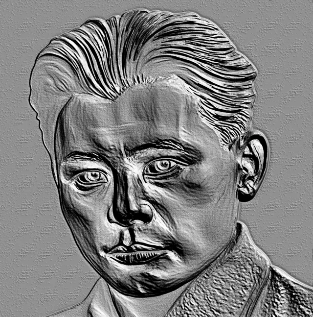 Modelo 3D de relevo de um jovem com traços faciais expressivos e penteado detalhado