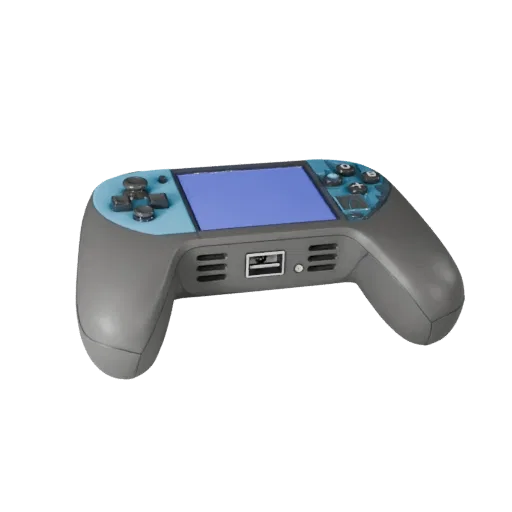 Modello 3D Mini Console di Gioco, vista tre quarti anteriore, viewport Unity, che mostra plastica opaca, proporzioni della co