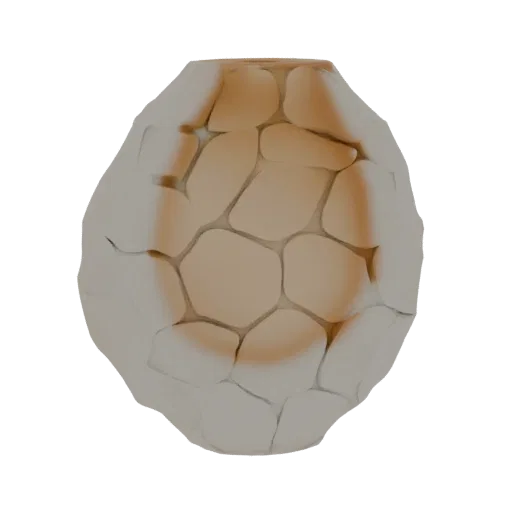 A 3D render of an abstract geometric vase with a segmented, stone-like texture in light beige and orange tones, set against a white background.