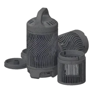 3D model of a textured cylindrical air purifier with a handle, showing disassembled parts including a filter housing and base