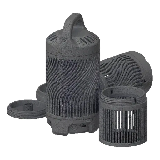3D model of a textured cylindrical air purifier with a handle, showing disassembled parts including a filter housing and base