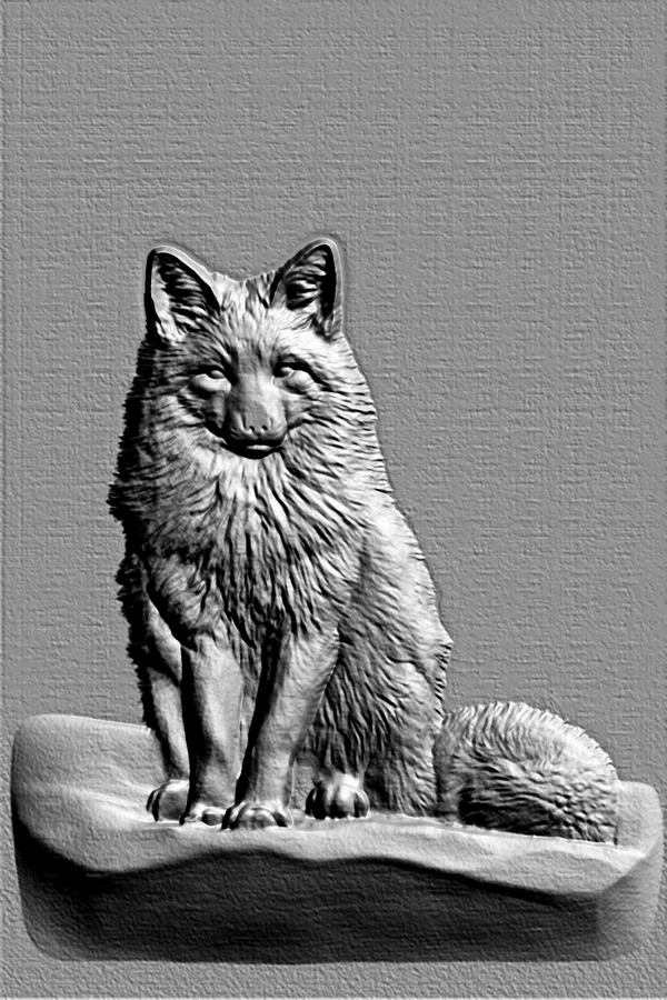 3D model of a fox bas-relief sitting on a stone, with detailed fur and expressive eyes