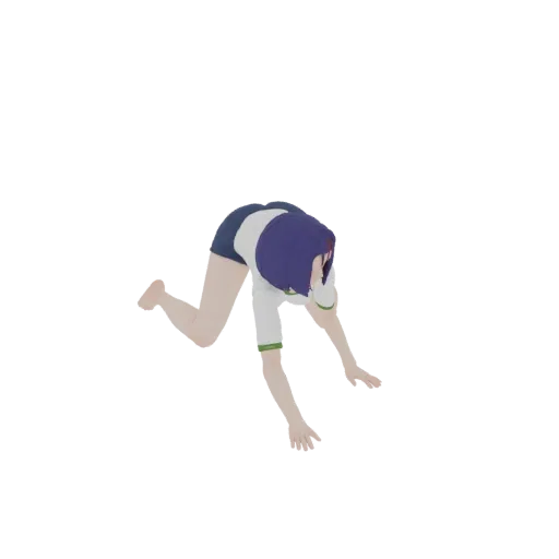 3D model of an anime girl in a white and blue athletic uniform, crouching with hands extended forward.