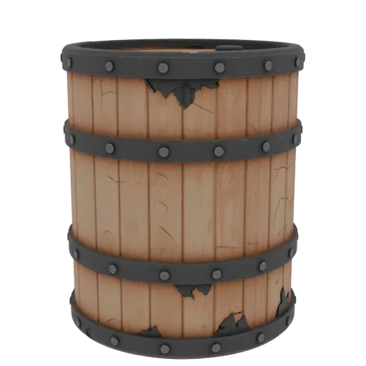 Industrial Barrel Printable 3D model, isometric STL render, showing wood planks, stackable massing.