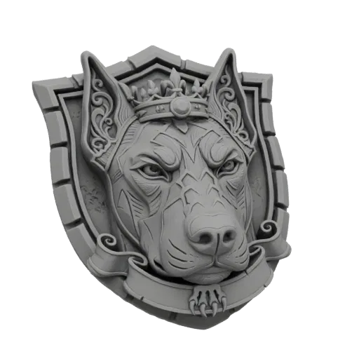 3D model of a Doberman Pinscher head wearing a crown, mounted on a shield-shaped plaque with a banner.