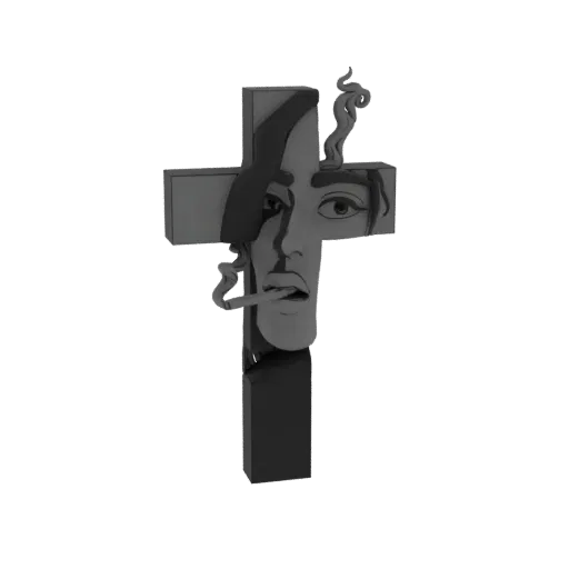 A 3D render of a surreal cross with a stylized face smoking a cigarette, rendered in grayscale with swirling smoke details.