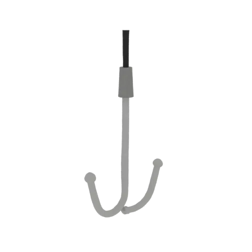 3D model of a double dryer hook, in gray, with two curved prongs.
