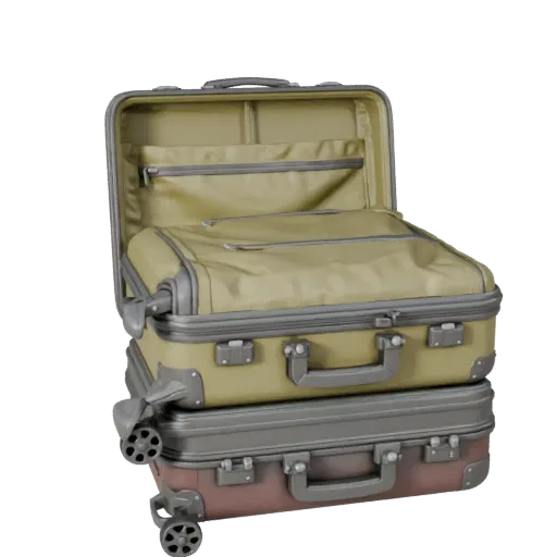 Travel Style Suitcase 3D model, three-quarter front view, Unity viewport, showing plastic, usable openings.