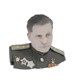 Rendu 3D d'un buste de Général Soviétique, montrant un visage détaillé, un uniforme militaire avec épaulettes et plusieurs mé