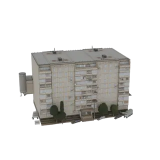 Modello 3D di un edificio di appartamenti dell'era sovietica con più balconi e tetto piano, visto da un'angolazione leggermen