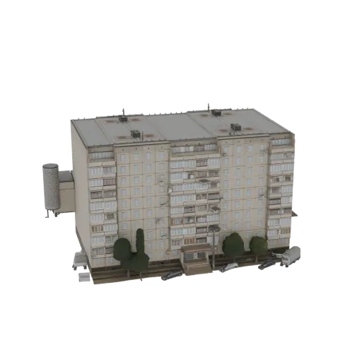 3D model of a Soviet-era apartment building with multiple balconies and a flat roof, shown from a slightly elevated angle.