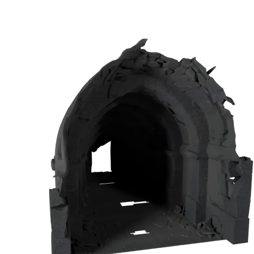 Collapsed Dungeon Corridor 3D model, close-up cinematic environment render, showing aged stone, terrain detail.