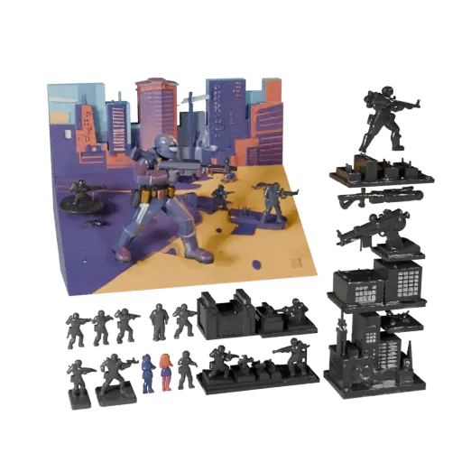 Stilisierte urbane Kampfszene stilisiertes 3D-Modell Vorschau zeigt geschichtete Teile, Drei-Viertel-Spielansicht, Tiefe und