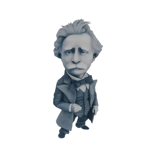 3D model render of a caricature of a Victorian gentleman in a suit, with a prominent mustache and styled hair, against a blac