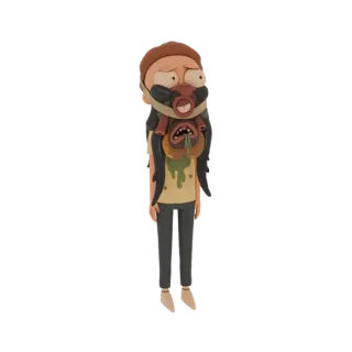 Modello 3D di Morty di Rick and Morty con una grottesca maschera di creatura parassita, con fluidi gocciolanti e molteplici b