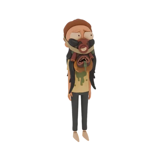 Modèle 3D de Morty (Rick et Morty) portant un masque grotesque de créature parasite, avec fluides dégoulinants et multiples b