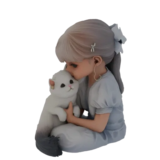 3D model of a young girl with light hair, wearing a blue dress, gently kissing a fluffy white cat with blue eyes.