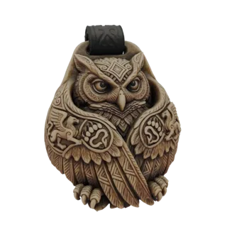 3D model of an intricately carved owl pendant with mythical creature accents and tribal patterns, shown against a white backg