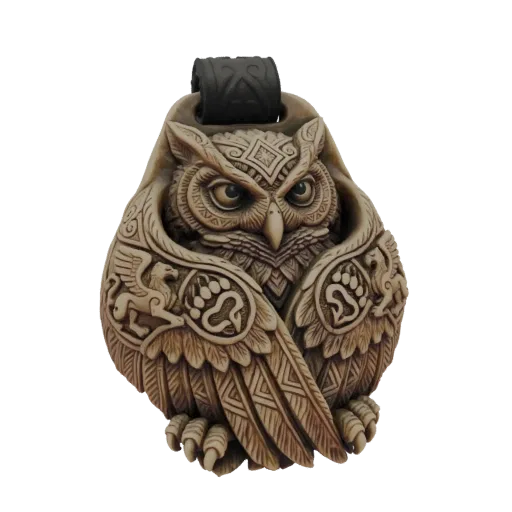 3D model of an intricately carved owl pendant with mythical creature accents and tribal patterns, shown against a white backg