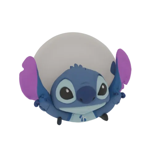 3D model of Stitch from "Lilo & Stitch" comically clinging to a plate edge, resting his hands on it.
