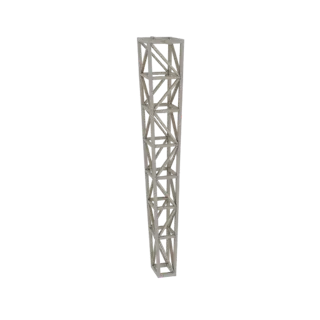 Modello 3D di una torre a traliccio conica con base e sommità quadrate, con intricati rinforzi geometrici.