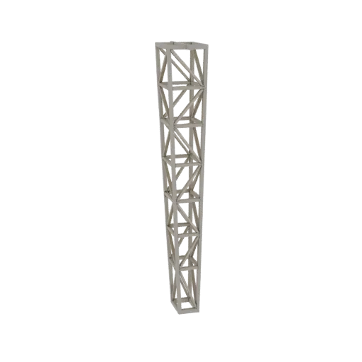 3D model of a tapered lattice tower with a square base and top, featuring intricate geometric bracing.