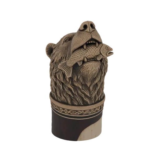 Modelo 3D de escultura de urso pardo com peixe na boca, com pelagem detalhada e base decorativa.