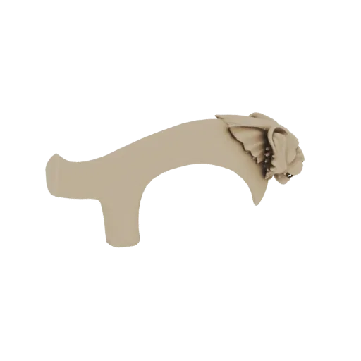 Rendering del modello 3D di un manico per bastone a testa di leone, con criniera e viso dettagliati, in finitura beige opaco.