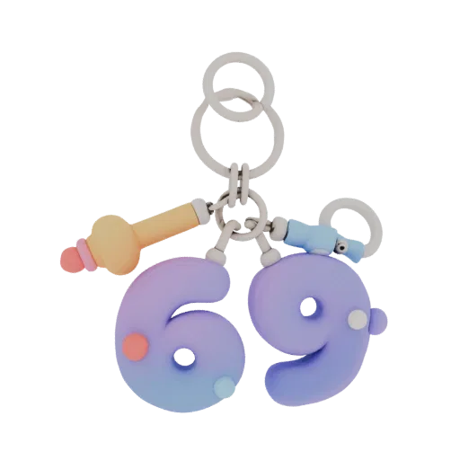 3D model of keychain numbers "69" with gradient coloring and pencil-shaped pendants.