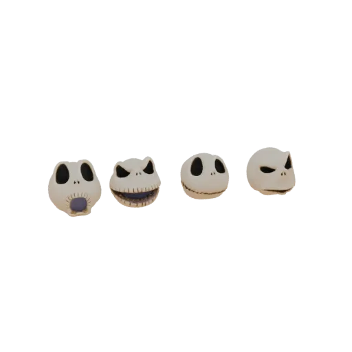 A 3D render of four different Jack Skellington heads arranged in a row against a white background.