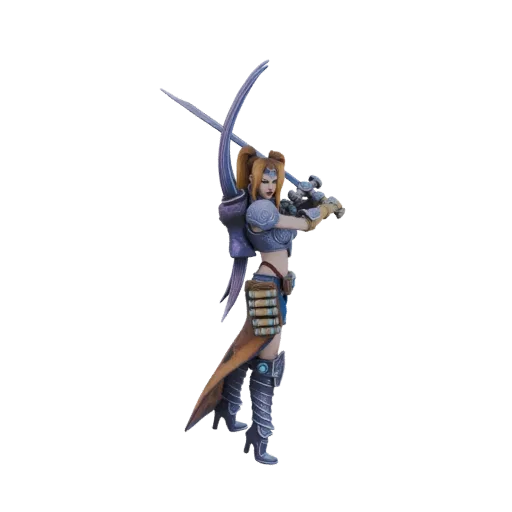 3D model of a fantasy warrior with blonde hair, wearing ornate armor, and holding two swords in a combat stance.