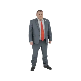 3D-Modell eines Mannes im grauen Anzug und roter Krawatte, der selbstbewusst vor weißem Hintergrund steht.
