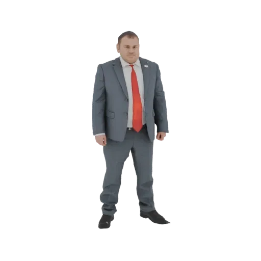 Modelo 3D de hombre con traje gris y corbata roja, de pie con pose segura sobre fondo blanco.