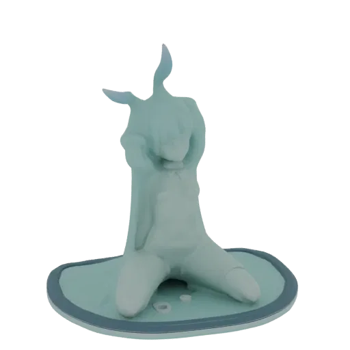 3D model of an ethereal, translucent figure kneeling on a light blue base, with flowing, organic shapes.