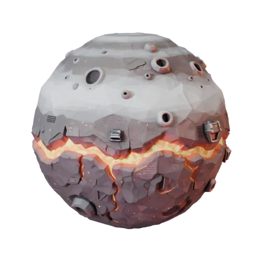 Lava Planet Low Poly 3D model, game viewport three-quarter view, showing rock, spherical body scale.
