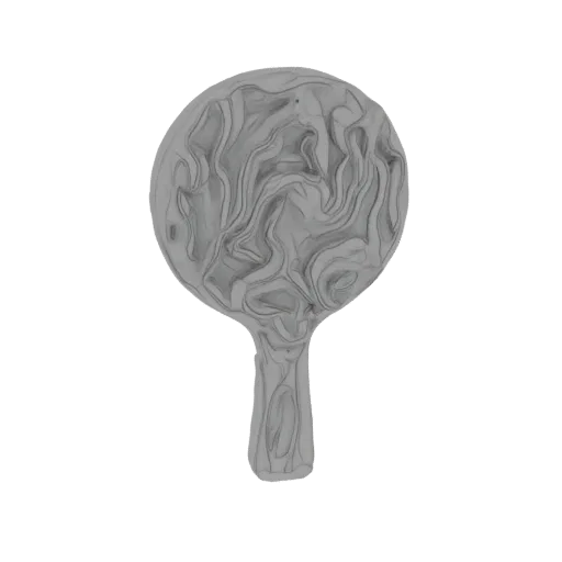 A 3D render of an abstract hand mirror with a circular face featuring swirling patterns and a sculpted handle, presented on a