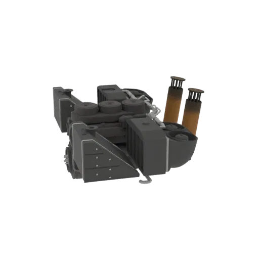 3D render of a complex industrial robotic arm with multiple joints and two prominent orange-tipped exhaust nozzles, set again