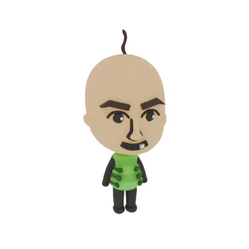 3D model render of a bald cartoon man with buck teeth and a green striped shirt, standing against a white background.