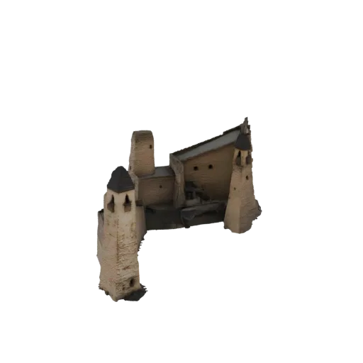 3D model of a detailed medieval castle with stone walls, towers, and a central keep, set against a white background.