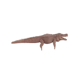 3D model of a Deinosuchus crocodile with its mouth open, showcasing detailed scales and a long tail, against a black backgrou