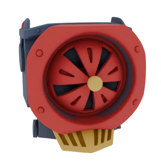 3D-Render einer Steampunk-Zugpfeife mit rotem Lüftergrill und Messing-Akzenten, vor weißem Hintergrund.
