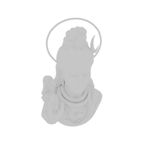 Rendu 3D d'un buste blanc du Seigneur Shiva, avec un halo, une lune croissante dans ses cheveux et des bijoux complexes.