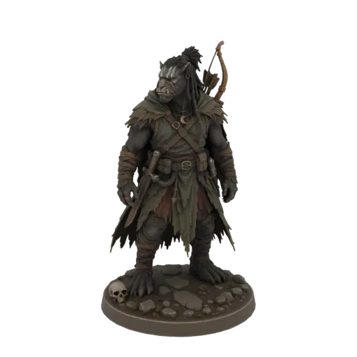 Modello 3D di un feroce Orco Ranger con un arco, indossa un'armatura robusta e si trova su una base con un teschio.