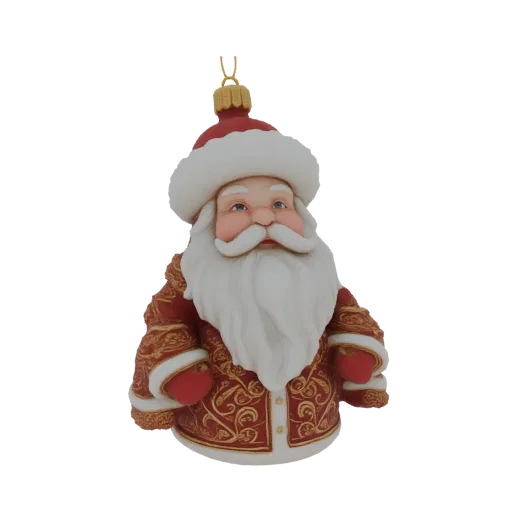 3D model of a Santa Claus Christmas ornament with a red coat featuring gold filigree and white trim, against a white backgrou