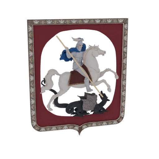 3D model of Saint George on horseback spearing a dragon, set within a decorative heraldic shield.